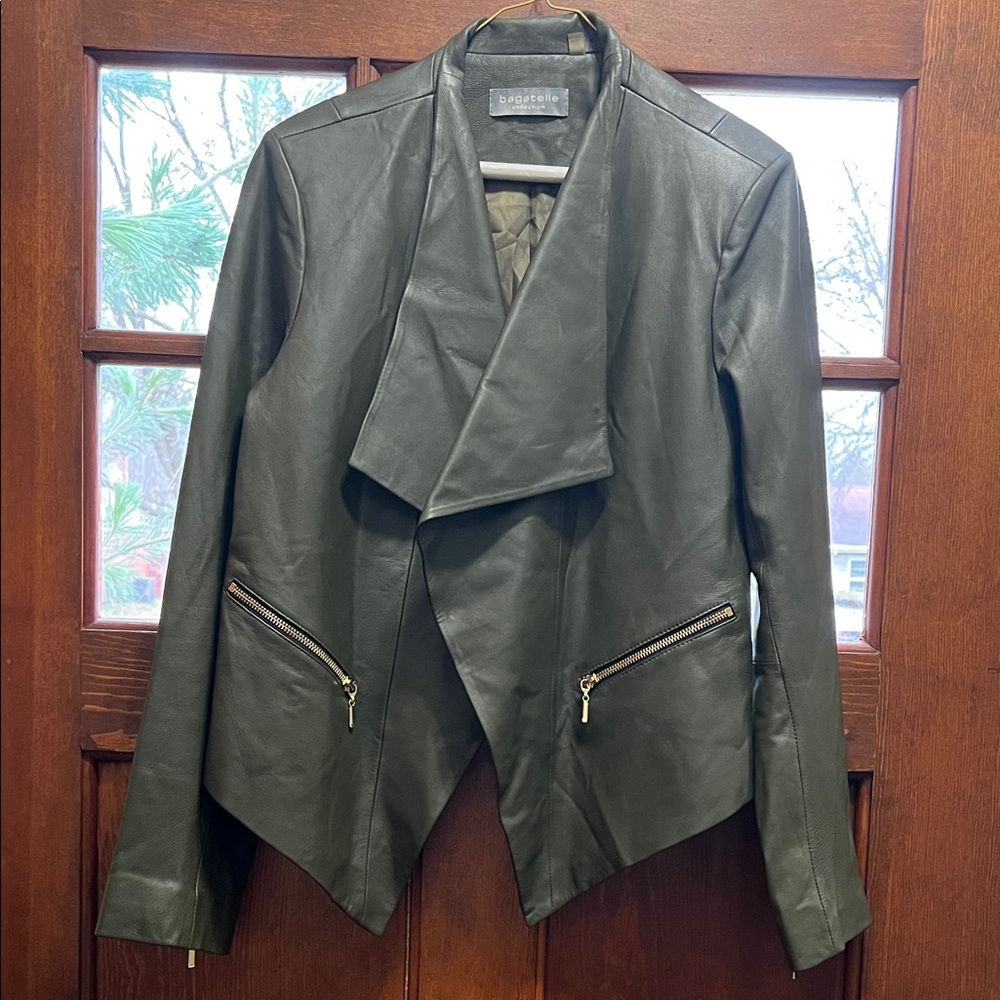 Bagatelle Dark green Leather Jacket with Zipper Accents